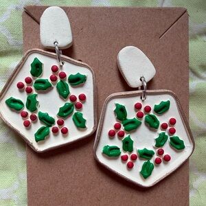 Festive Green and Red Holly Berry Handmade Polymer Clay Earrings